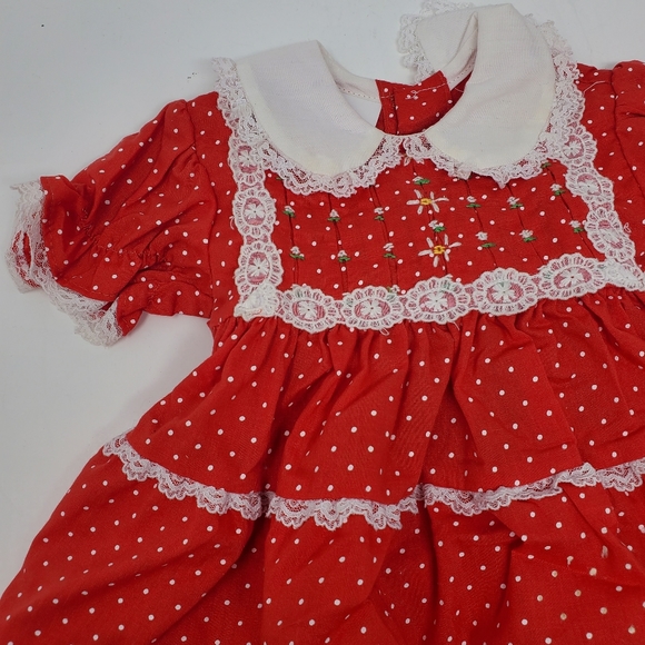 Vintage Polly Flinders Red & White lace Hand Smocked Dress Size 6-9 Month - Picture 2 of 9